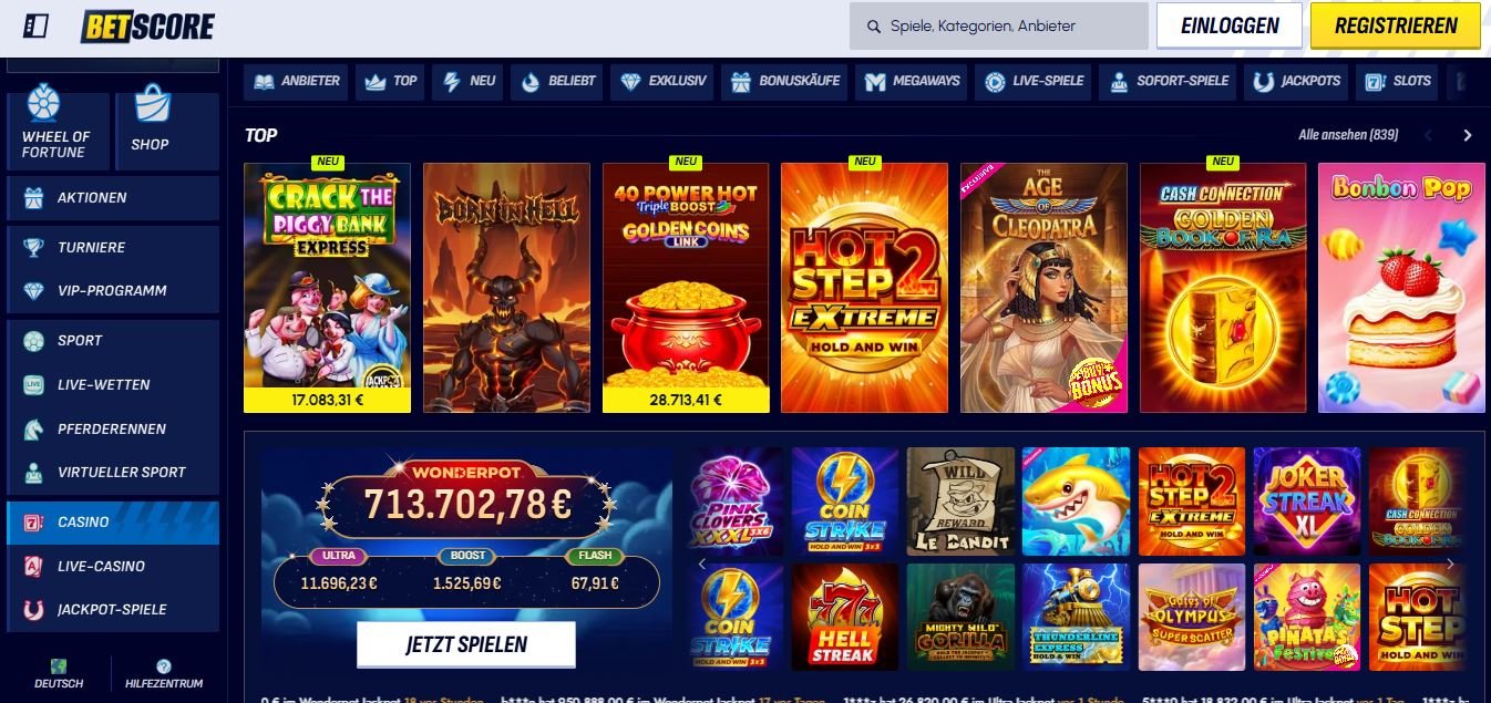 Betscore Casino Menu