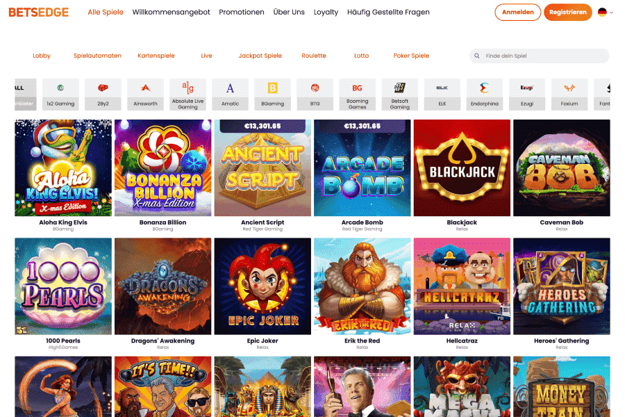 Betsedge Homepage Betsedge Homepage mit Spiele-Angebot