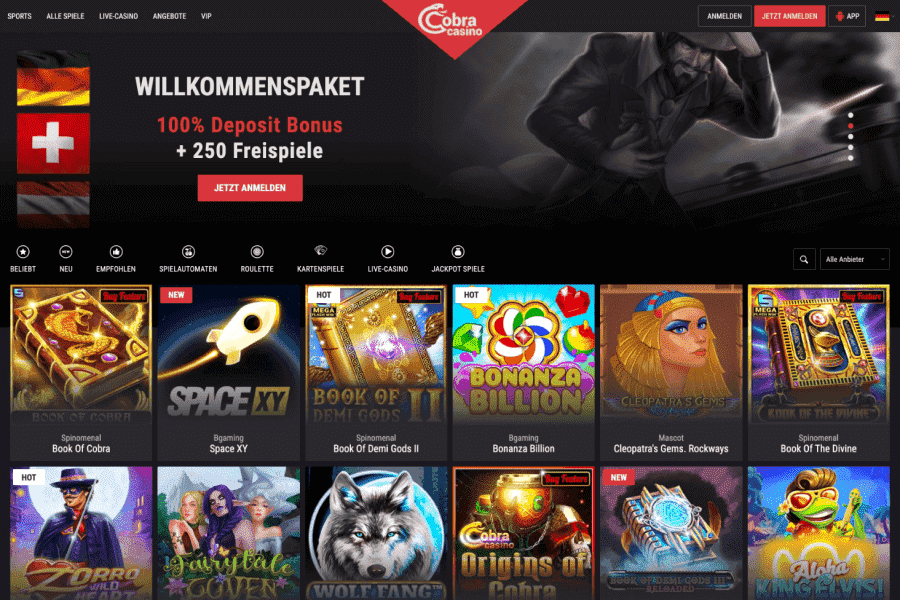 Cobra Online-Casino Homepage Cobra Online-Casino Homepage mit Spieleauswahl