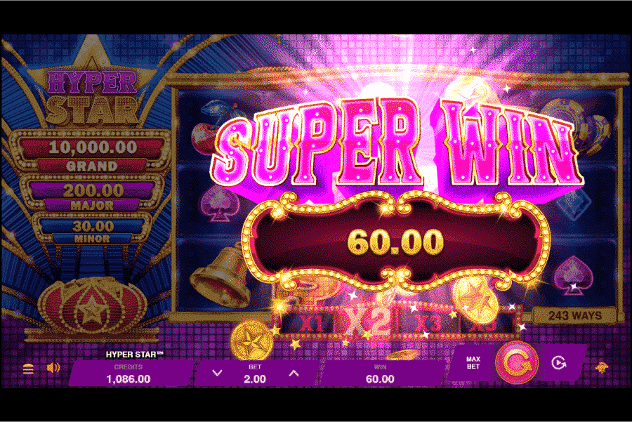 Hyper Star Super Win Hyper Star Super Win-Bildschirm mit pinker, hervorstechender Schrift