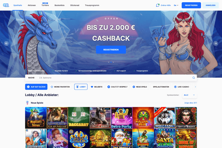 ICECasino Homepage mit Spieleauswahl