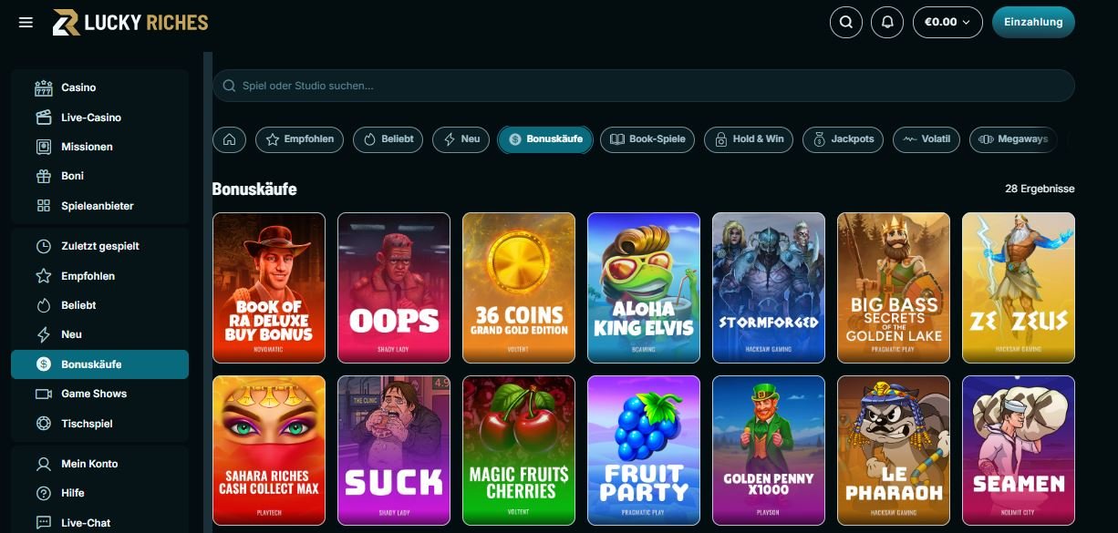 Lucky Riches Casino Hauptmenu