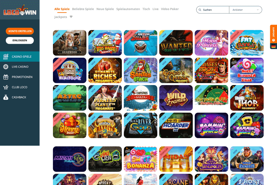 Locowin Homepage Locowin Homepage mit Spieleauswahl