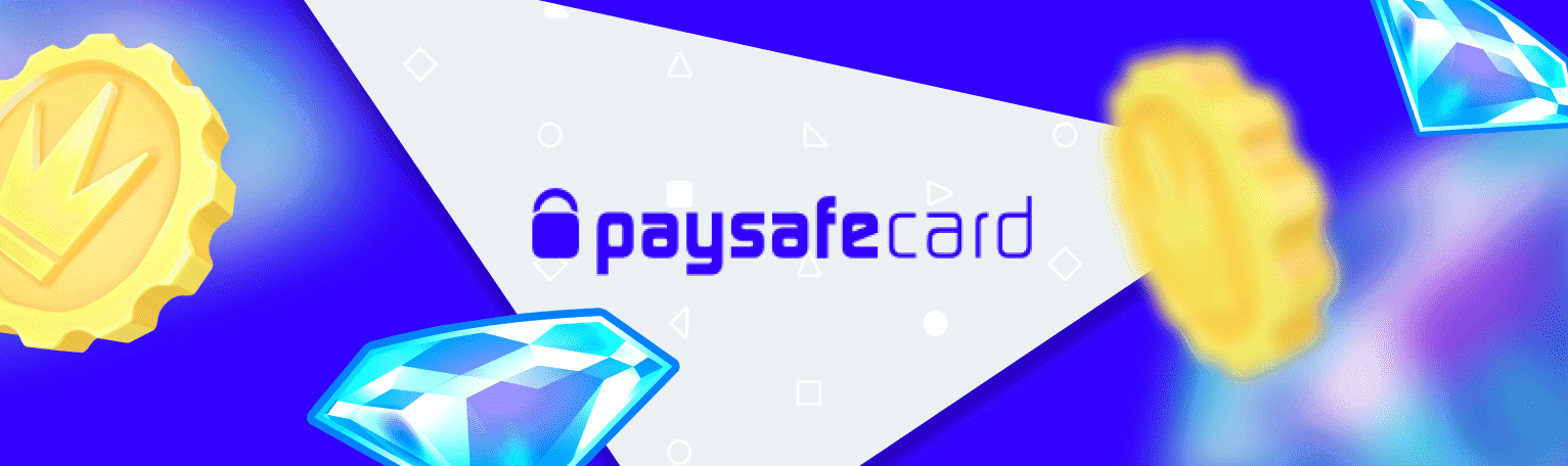 Paysafecard Casino Banner mit Münzen, Diamanten und Paysafecard-Schrifztug