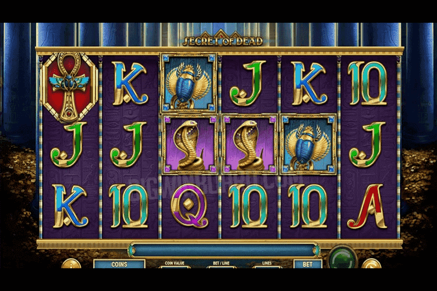 Secret of the Dead Spieleautomat Secret of the Dead Spieleautomaten-Screenshot mit Symbolen und Buchstaben