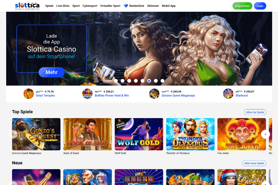 Slottica Onlinecasino-Homepage Slottica Onlinecasino-Homepage mit Spieleauswahl
