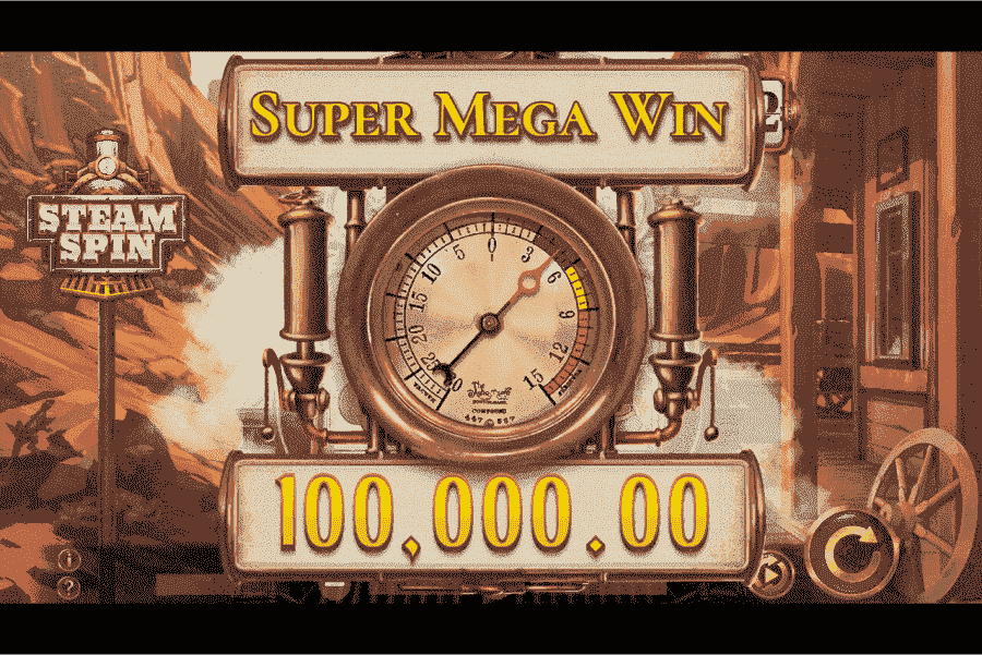 Steam Spin Slot Steam Spin Slot-Screenshot mit Dampfmaschine und Mega Win