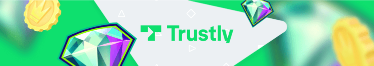 Trustly Zahlung Trustly Casino Banner mit Münzen, Diamanten und "Trustly"-Schriftzug