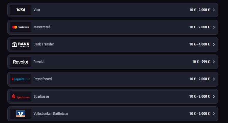 Einige Zahlungsmethoden im SlimKingCasino