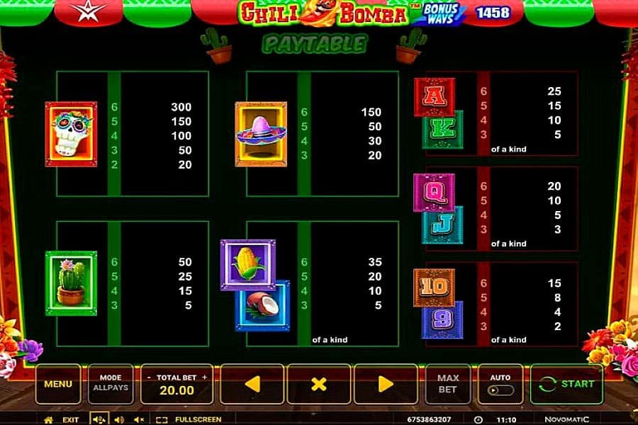 Chili Bomba Slot_Paytable