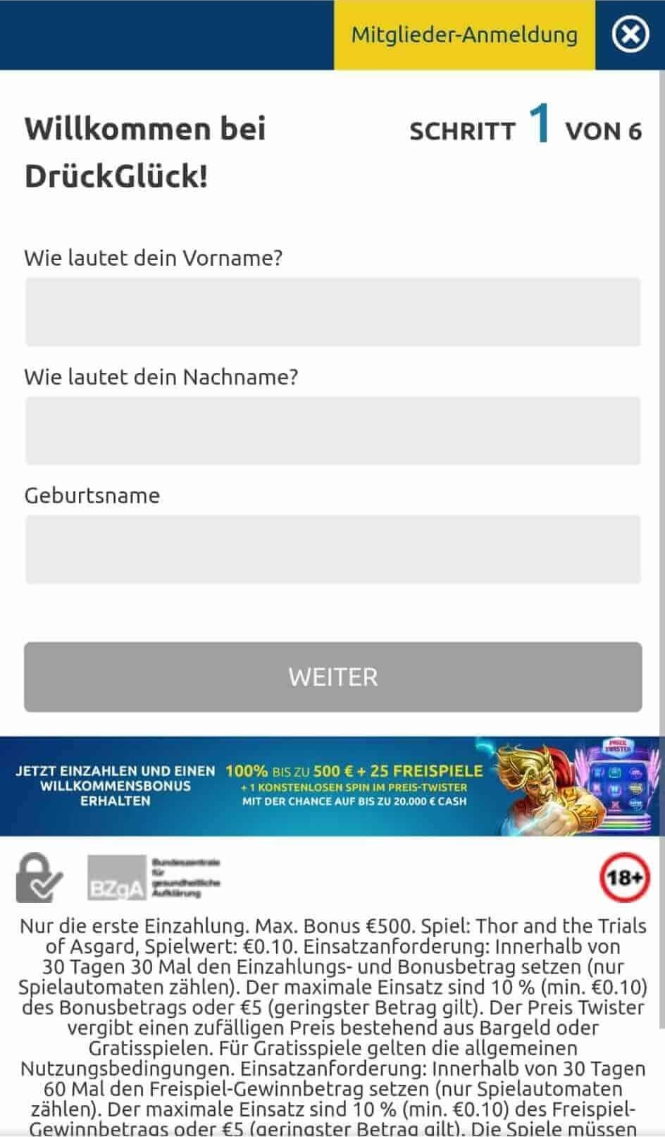 DrückGlück Anmeldeseite