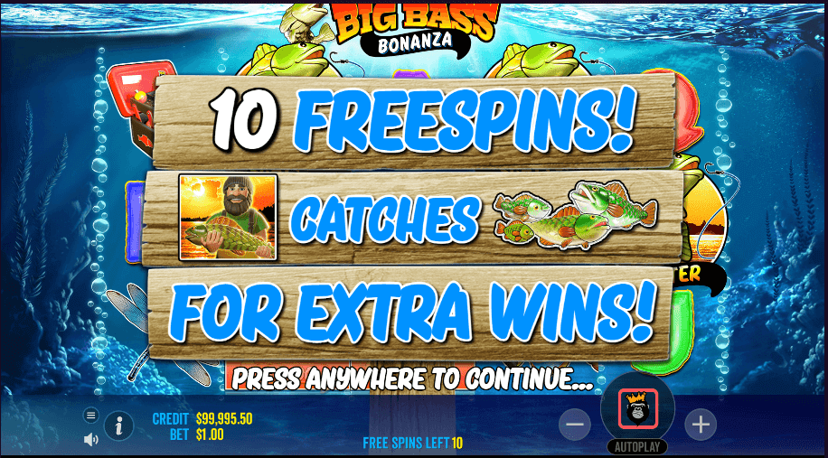 Bild aus dem Slot Big Bass Bonanza mit Freispiel-Aktivierung.