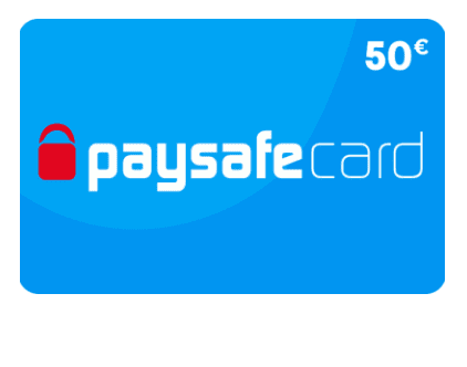 Abbildung einer paysafecard Prepaidkarte mit einem Wert von 50 Euro, wie sie zum Zahlen in Online Casinos verwendet werden kann.