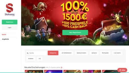 Slotsons Casino Lobby Übersicht Slotsons Casino Screenshot Homepage